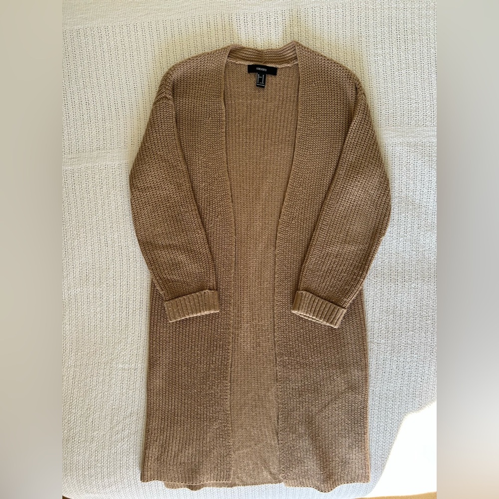 FOREVER 21 Tan Knit Long Mid Length Cardigan Side Slit